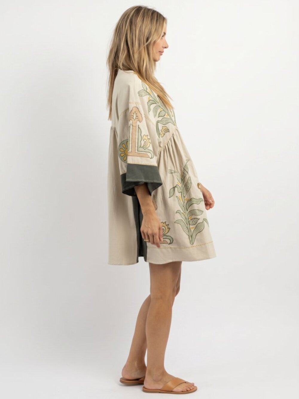 Women's Vintage Embroidered Babydoll Dress Oversized V Neck Boho Tunic Mini - Picture 7 of 8